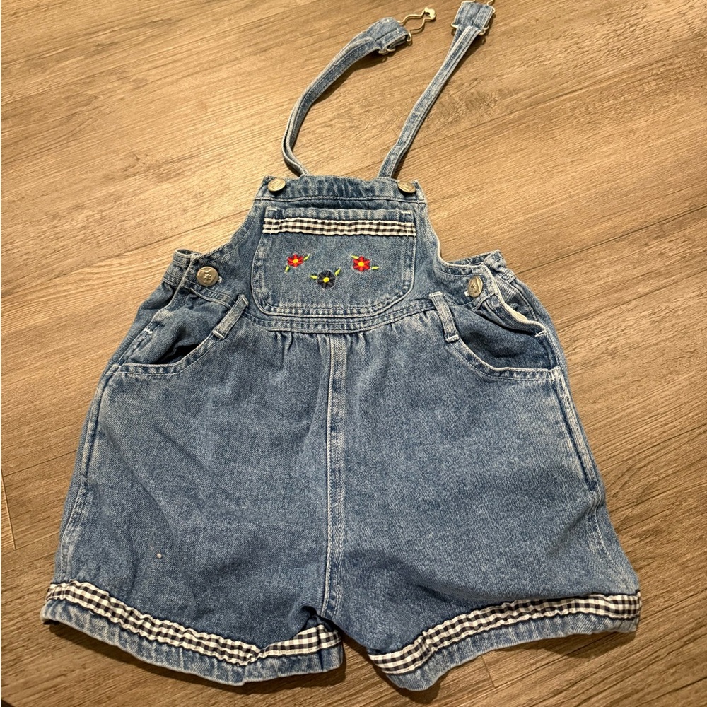 Vintage 90s/Y2K Young Hearts Denim Overalls // Floral Embroidery & Gingham Trim